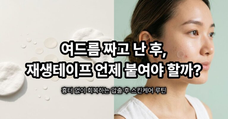 여드름 압출 후 하이드로콜로이드 재생테이프를 볼에 부착한 모습과 원형 여드름 패치가